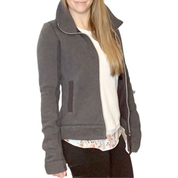 Lululemon En Route Heathered Black Gray Zipper Back Collared Jacket Women’s Sz 8 - Picture 1 of 16